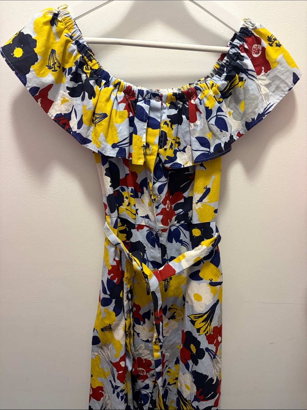Zara Off-Shoulder Floral Midi Dress in Yellow, Navy & Red